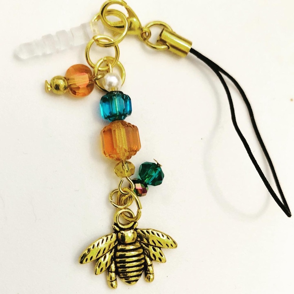 Gold Bumble Bee Phone Charm w Blue Orange Beads